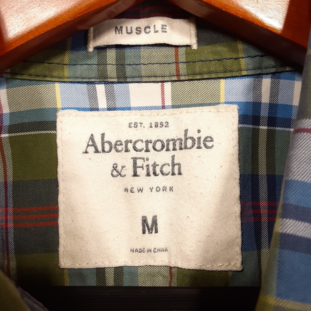 Abercrombie & Fitch Mens Muscle Short Sleeve Button Shirt Sz.M/Green-Plaid/Logo - Picture 5 of 14